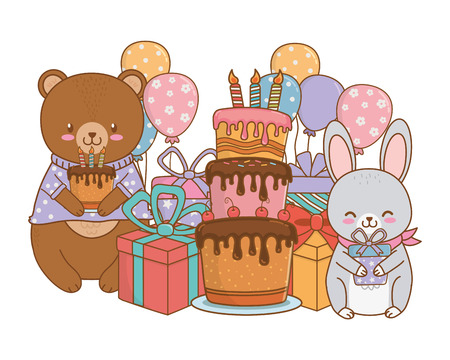 cute adorable animals birthday party scene festive cartoon vector illustration graphic designのイラスト素材