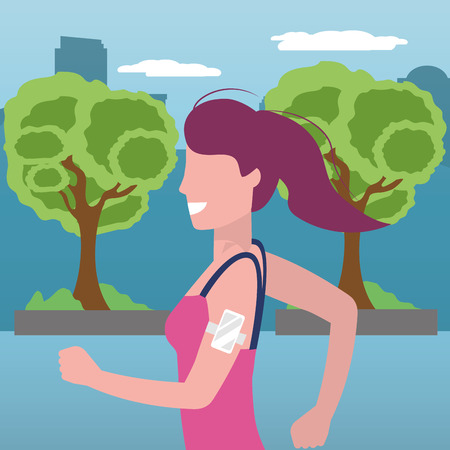 woman running portrait with sportwear avatar cartoon character park landscape vector illustration graphic designのイラスト素材