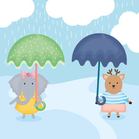 cute reindeer and female lions with umbrellas vector illustration designのイラスト素材