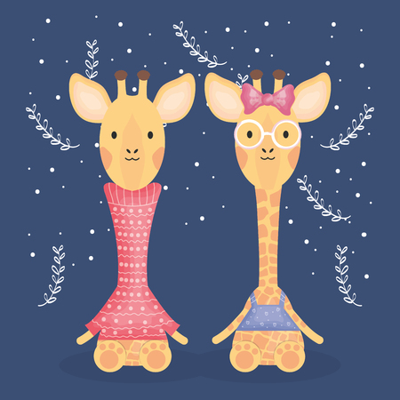 cute couple giraffes with clothes characters vector illustration designのイラスト素材
