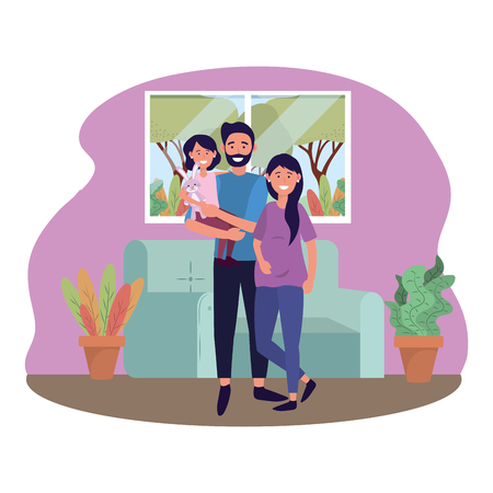 couple with child avatar cartoon character in the living room vector illustration graphic designのイラスト素材