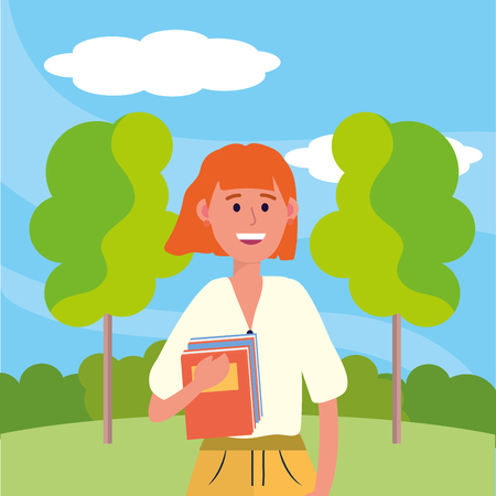 young happy woman at nature park cartoon vector illustration graphic designのイラスト素材