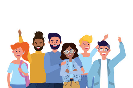 young people friends men and women enjoying cartoon vector illustration graphic design