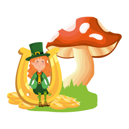 st patricks day elf with mushroom and horseshoe cartoon vector illustration graphic designのイラスト素材
