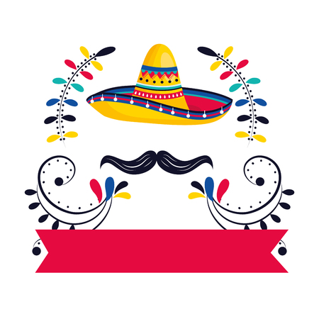mexican culture festival mexico mariachi hat with moustache ribbon banner cartoon vector illustration graphic designのイラスト素材