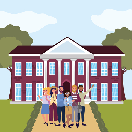 education university college students in front university building cartoon vector illustration graphic designのイラスト素材