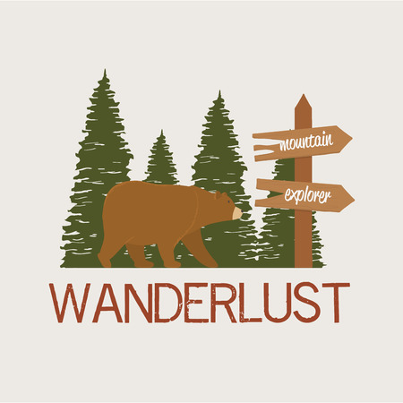 wanderlust label with landscape and bear grizzly scene vector illustration designのイラスト素材