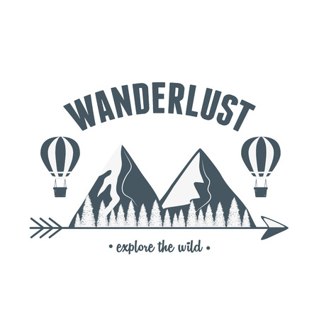 wanderlust label with forest scene and balloon air hot vector illustration designのイラスト素材