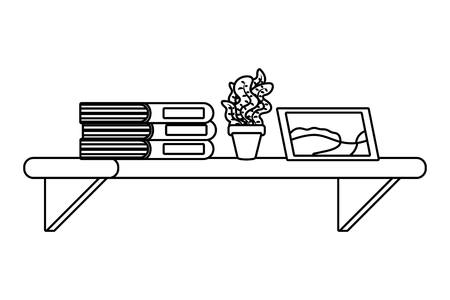 shelf with book plant and picture icon cartoon black and white vector illustration graphic designのイラスト素材