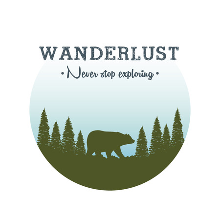 wanderlust label with landscape and bear grizzly scene vector illustration designのイラスト素材
