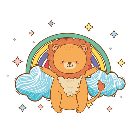 cute little animalm lion in front rainbow cartoon vector illustration graphic designのイラスト素材