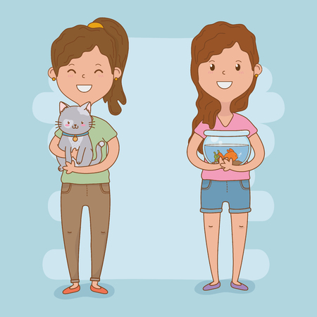 young women couple with cute mascots vector illustration designのイラスト素材