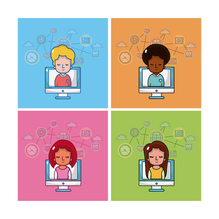 Set of people and social media cartoons vector illustration graphic designのイラスト素材
