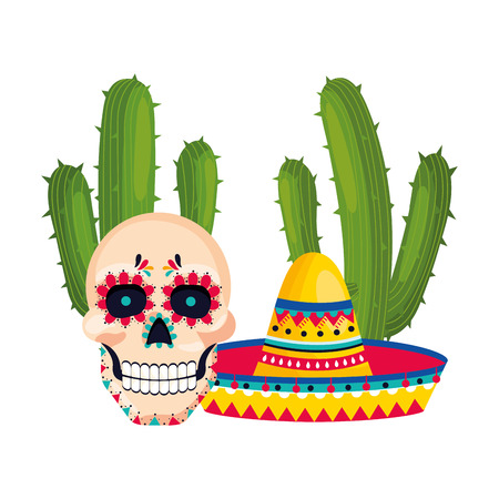 mexican culture mexico day of dead skull with mexican elements cartoon vector illustration graphic designのイラスト素材