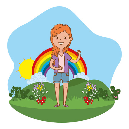childhood happy child girl at outdoor scene with rainbow cartoon vector illustration graphic designのイラスト素材