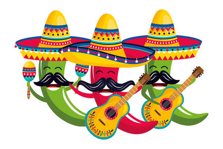 mexican culture festival peppers with mariachi mexico elements cartoon vector illustration graphic designのイラスト素材