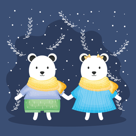 cute couple bears polar with clothes characters vector illustration designのイラスト素材