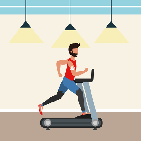 fitness exercise man running over treadmill workout healthy fit lifestyle gym scene cartoon vector illustration graphic designのイラスト素材