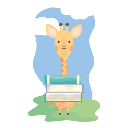cute giraffe with books childish character vector illustration designのイラスト素材