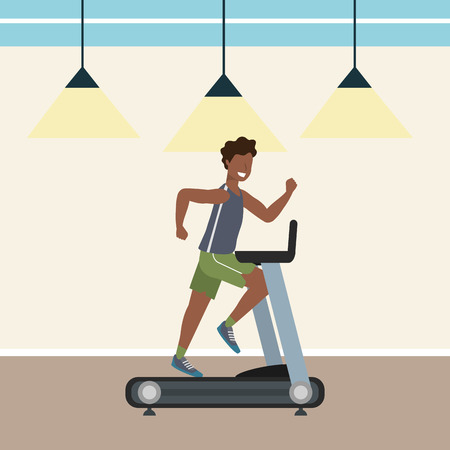 fitness exercise man running over treadmill workout healthy fit lifestyle gym scene cartoon vector illustration graphic designのイラスト素材