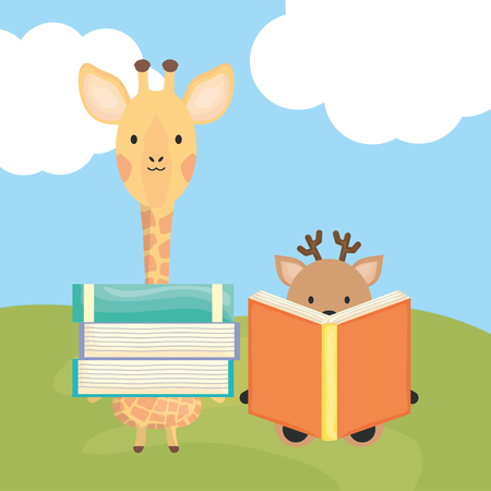 cute giraffe and reindeer with books childish characters vector illustration designのイラスト素材