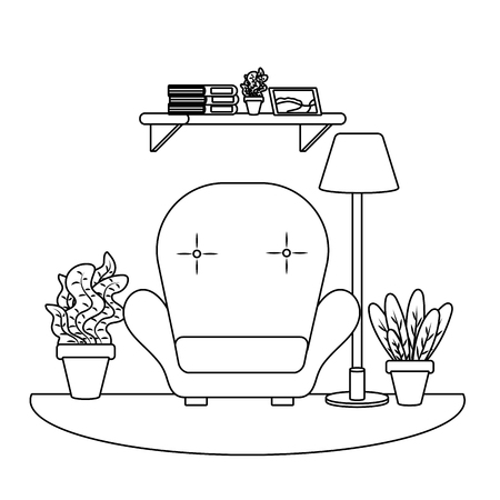studying room icon cartoon chair bookshelf lamp plant pot black and white vector illustration graphic designのイラスト素材