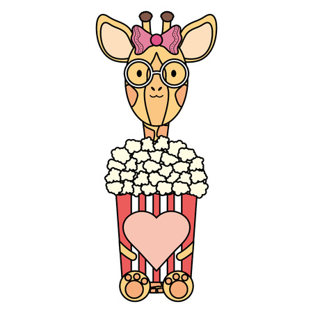 cute female giraffe with popcorn characterのイラスト素材