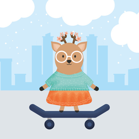 cute female reindeer with skateboard vector illustration designのイラスト素材