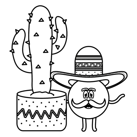 mexican emoji with hat and cactus character vector illustration designのイラスト素材