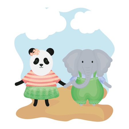cute female bear panda and elephant vector illustration designのイラスト素材