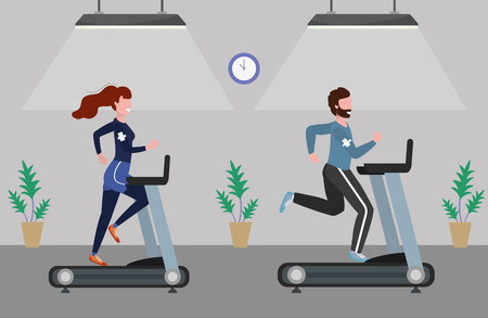 fitness exercise couple running over treadmill workout healthy fit lifestyle gym scene cartoon vector illustration graphic designのイラスト素材