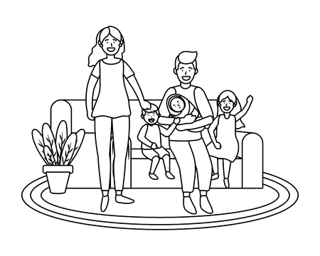 couple with children avatar cartoon character sitting on a couch black and white vector illustration graphic designのイラスト素材