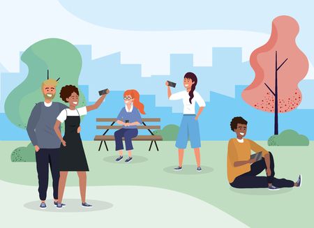 funny people with smartphone and casual clothes vector illustrationのイラスト素材