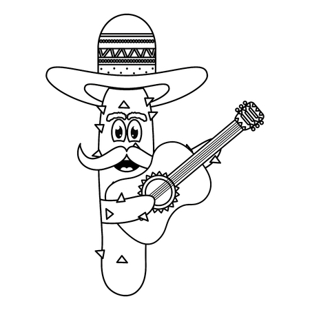 mexican cactus with hat and guitar comic character vector illustration designのイラスト素材