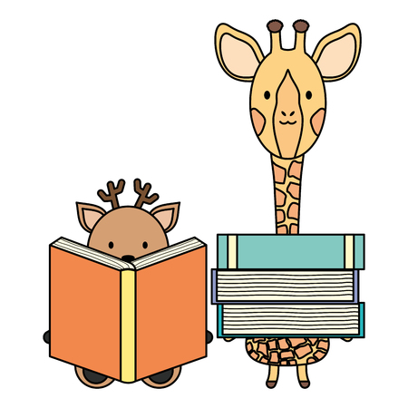 cute giraffe and reindeer with books childish characters vector illustration designのイラスト素材
