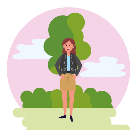 young happy woman at nature park cartoon vector illustration graphic designのイラスト素材