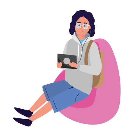 young people man using technology device tablet cartoon vector illustration graphic designのイラスト素材