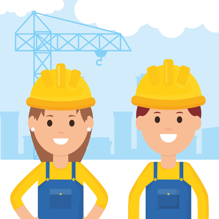 couple builders workers with helmets vector illustration designのイラスト素材