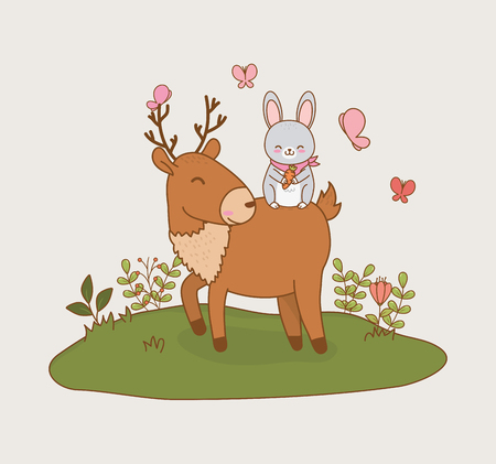 cute reindeer and bunny in the field woodland characters vector illustration designのイラスト素材