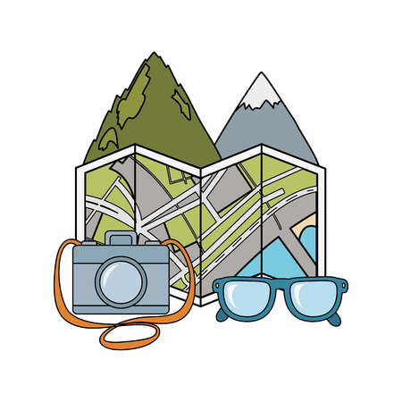 mountains landscape scene with papermap and camera vector illustration designのイラスト素材