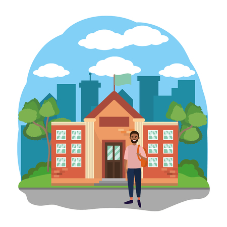 young happy man student at high school building cartoon vector illustration graphic designのイラスト素材