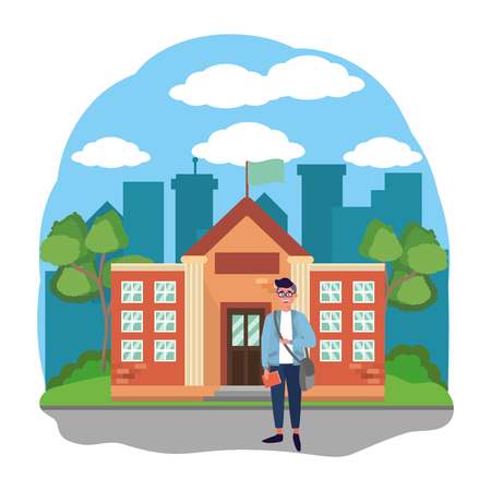 young happy man student at high school building cartoon vector illustration graphic designのイラスト素材