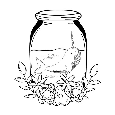 cute narval in mason jar with wreath flowers vector illustration designのイラスト素材