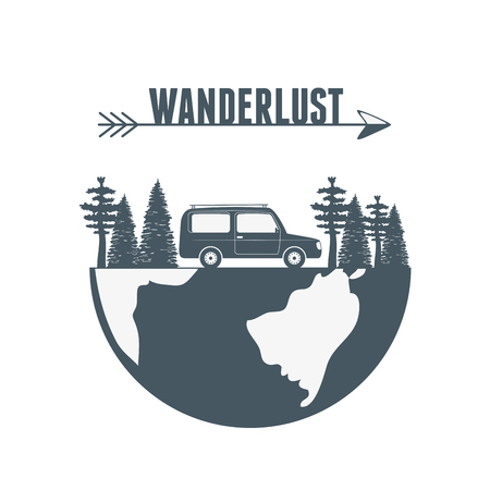 wanderlust label with forest scene and car vehicle vector illustration designのイラスト素材