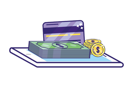 saving money finance concept with technology device and bank elements cartoon vector illustration graphic designのイラスト素材