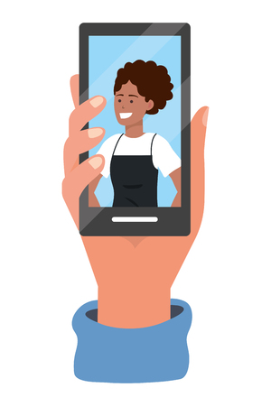 Hand holding smartphone tech video call live chat apron afro vector illustration graphic designのイラスト素材
