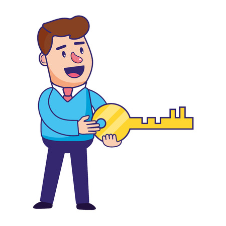 cute executive man wearing coat holding security key cartoon vector illustration graphic designのイラスト素材