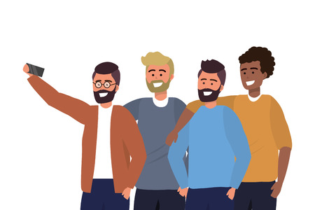 Millennial diverse group taking selfie smiling happy together wearing sweaters portrait vector illustration graphic designのイラスト素材