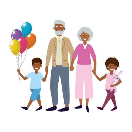 elderly couple with children avatar cartoon character with bunny and balloons vector illustration graphic designのイラスト素材