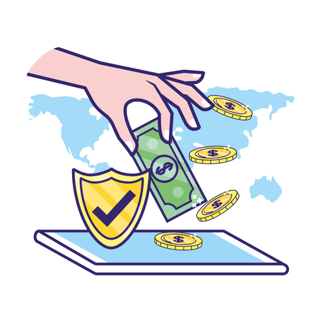 saving money finance concept with technology device and bank elements cartoon vector illustration graphic designのイラスト素材